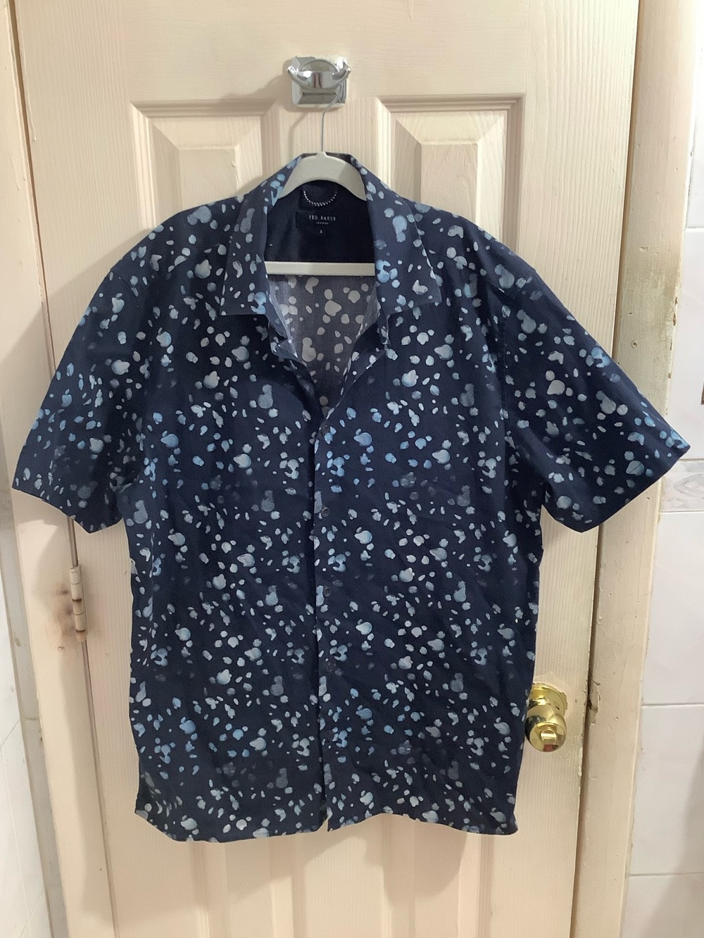 Ted Baker Navy Blue Short Sleeve Splash Water Drop Print Shirt Size 4/L
